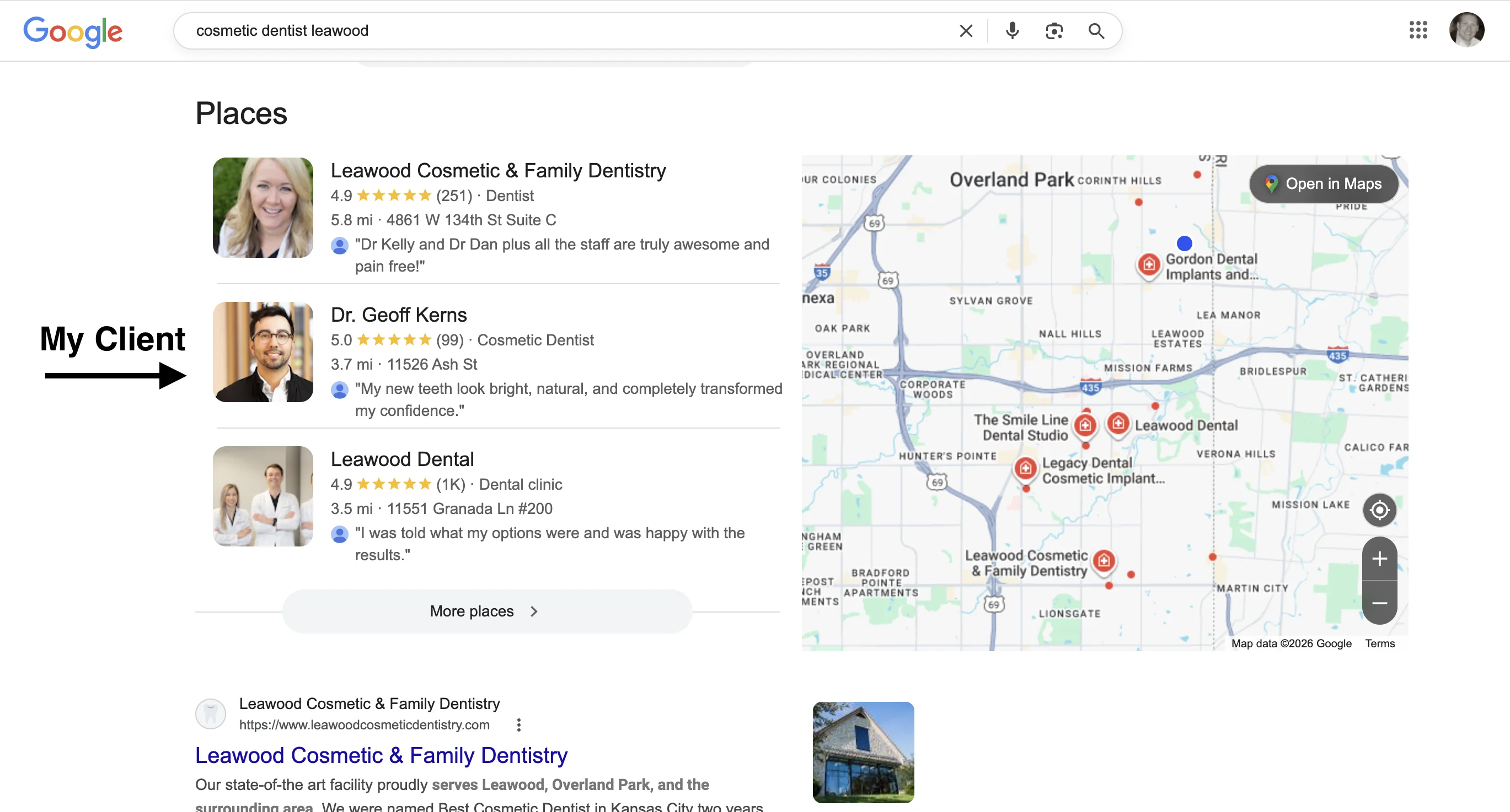 Client ranking #1 for cosmetic dentist