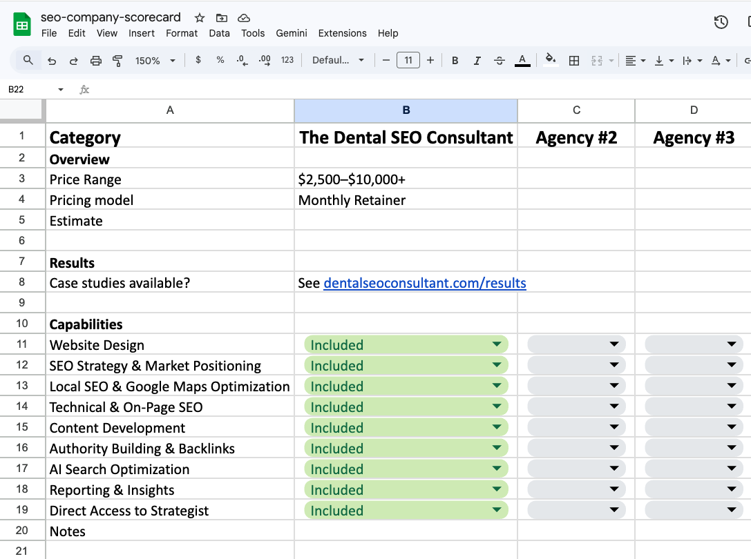 Dental SEO Company Scorecard - compare SEO providers side by side
