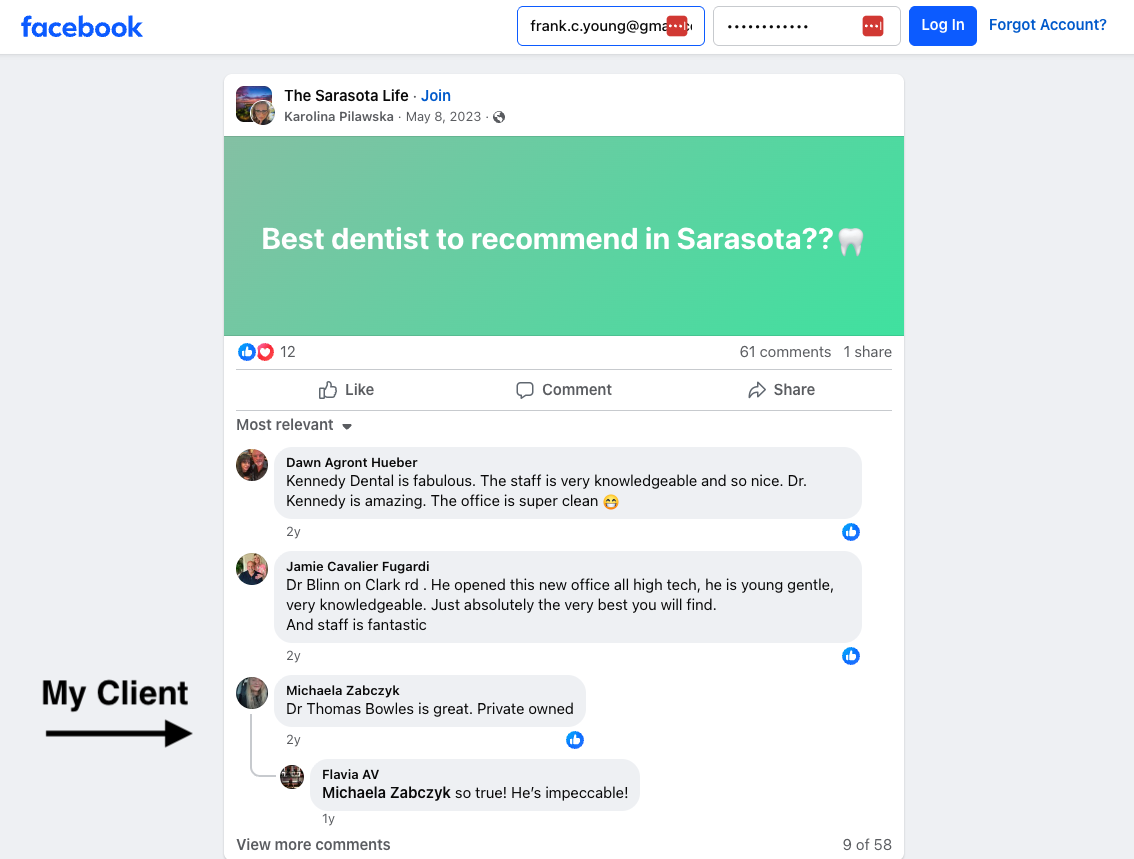 Facebook community post recommending Dr. Thomas Bowles as best dentist in Sarasota