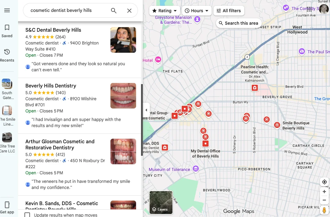 Google Maps search results for cosmetic dentist Beverly Hills showing multiple competing dental practices