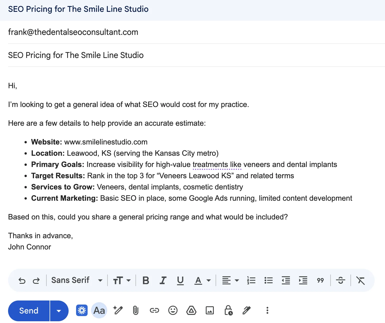 Example email inquiry asking for dental SEO pricing with practice details included
