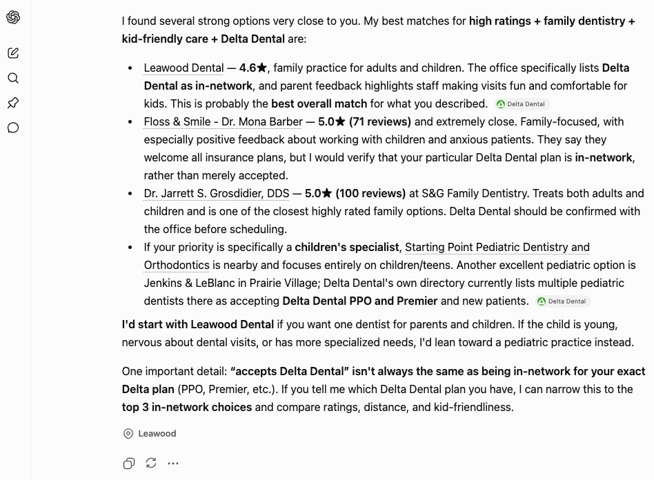AI search result example showing personalized dental recommendations