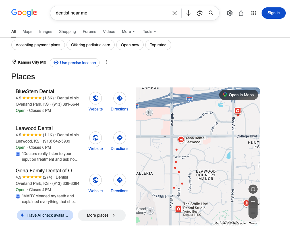 Google search result for dentist near me showing one-dimensional results
