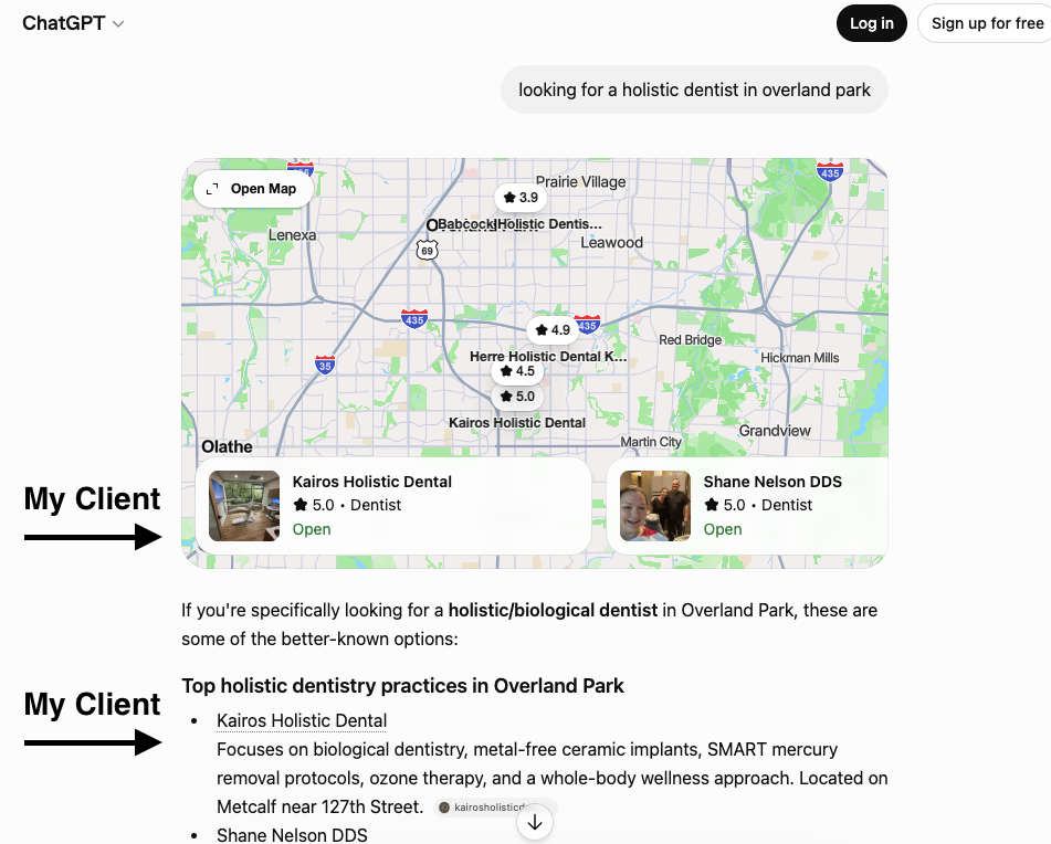 ChatGPT recommending Kairos Holistic Dental #1 for holistic dentist in Overland Park