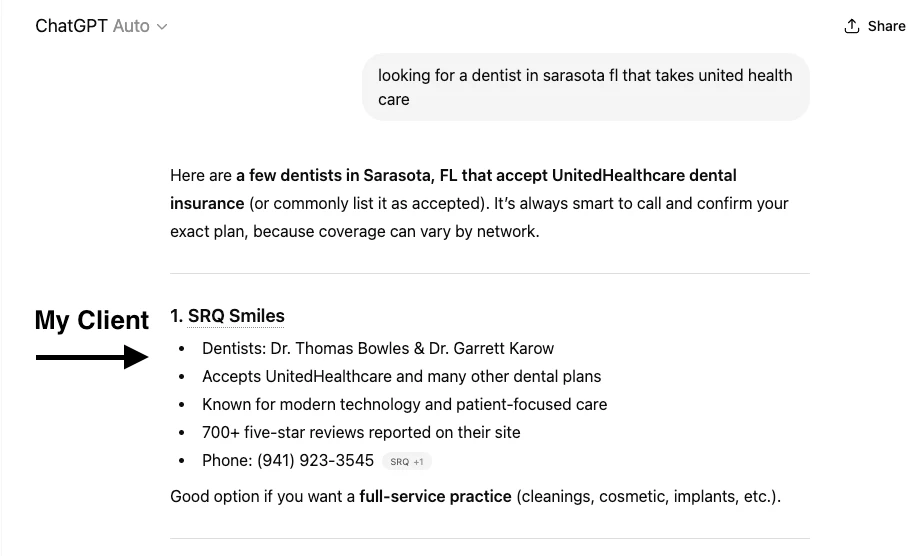 ChatGPT search result showing client ranked #1