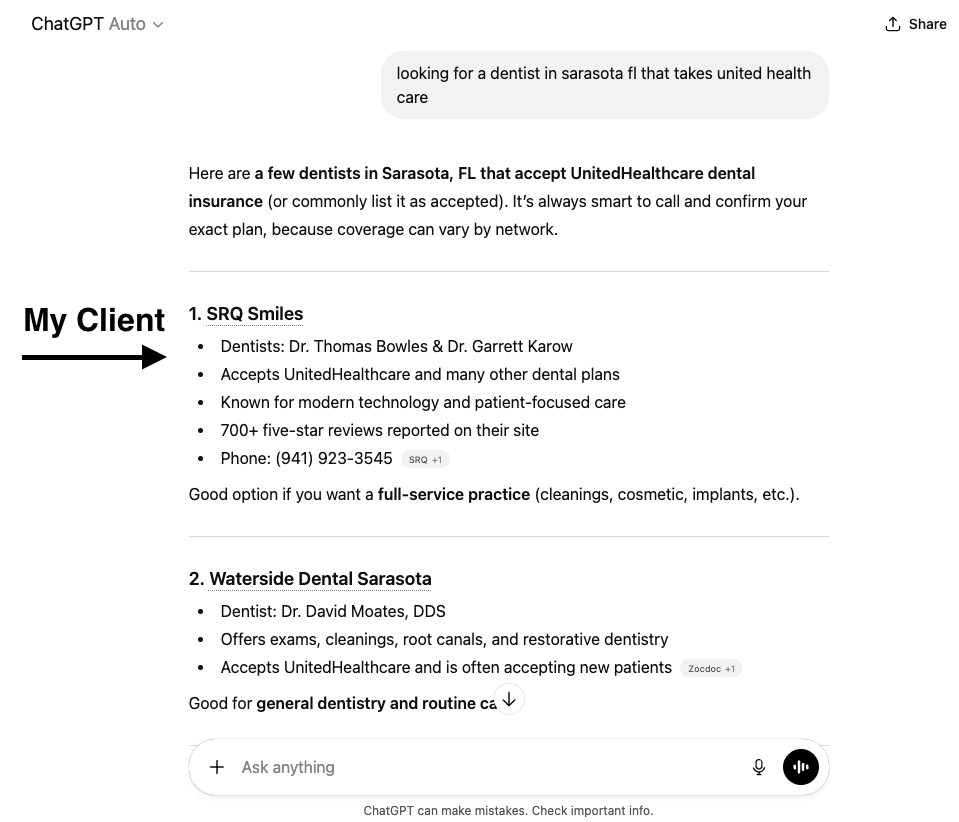 ChatGPT recommending a dental practice
