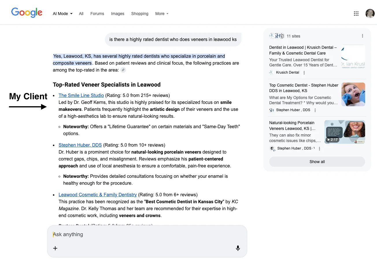 Google AI Mode recommending The Smile Line Studio for veneers in Leawood