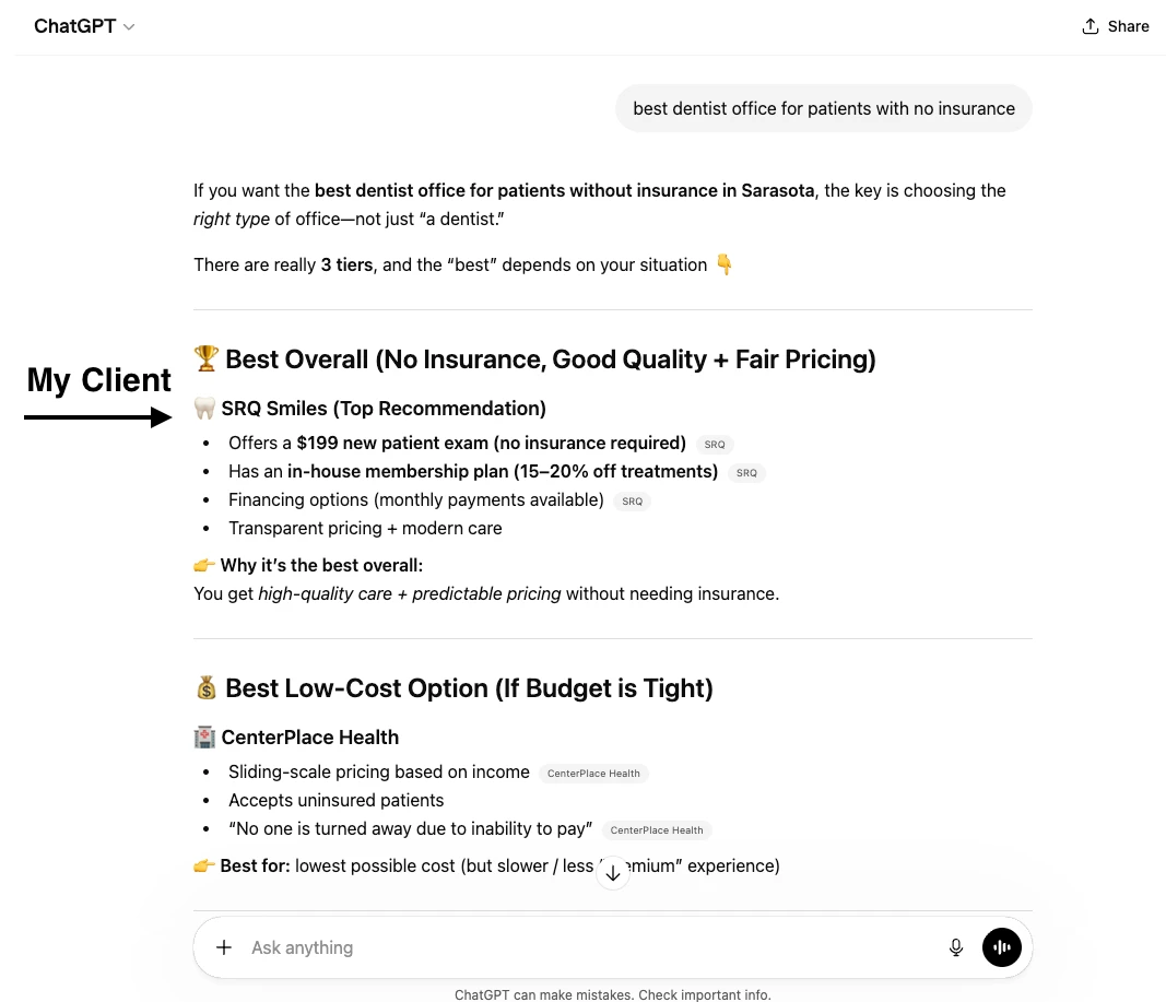 ChatGPT recommending SRQ Smiles as best dentist for patients with no insurance in Sarasota