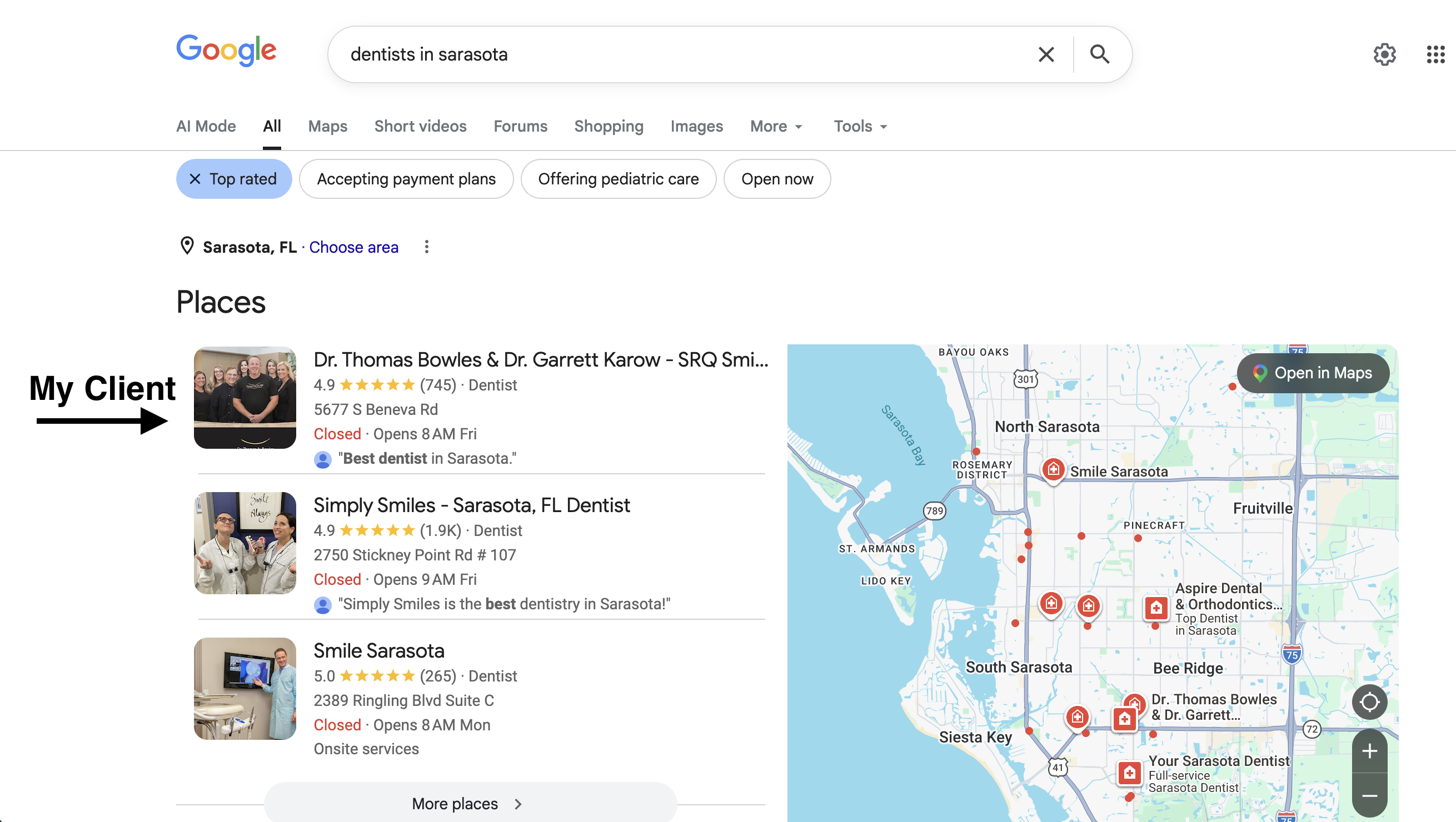 Client ranking #1 for dentists in Sarasota